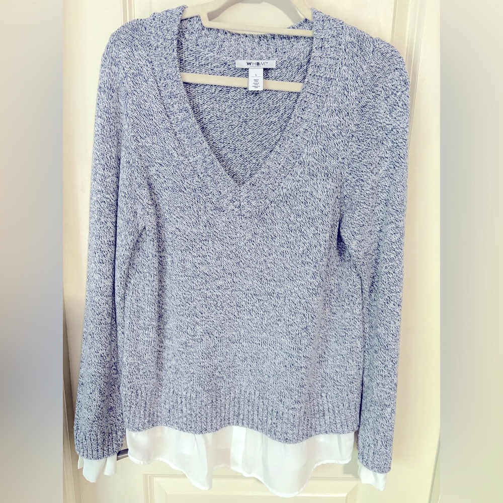 WHBM blue/ white Knit Sweater with faux white shirt at the bottom and sleeves